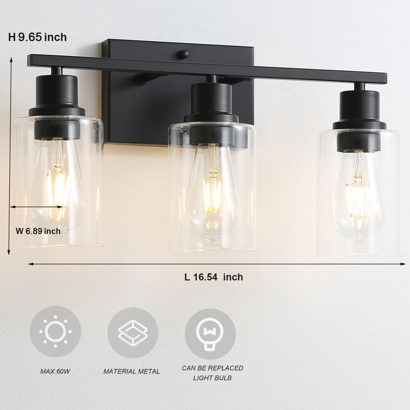 EMONG 3-Lights Bathroom Light Fixtures, Matte Black Vanity Light with Glass Shade, Modern Wall Sconces Lighting for Bathroom,Mirror,Farmhouse,Hallway - Image 3